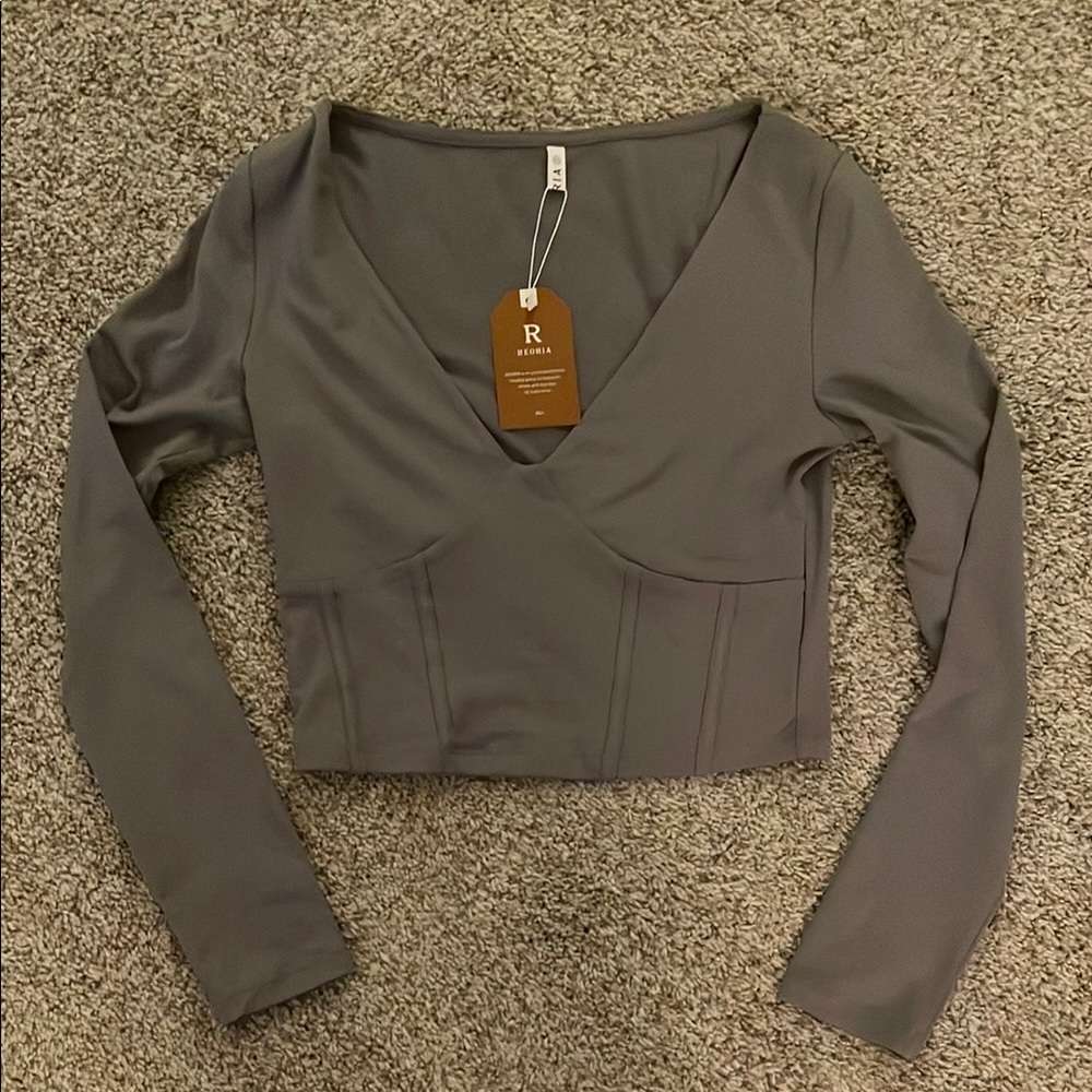 ReoRia Gray Green Long Sleeve Crop Blouse